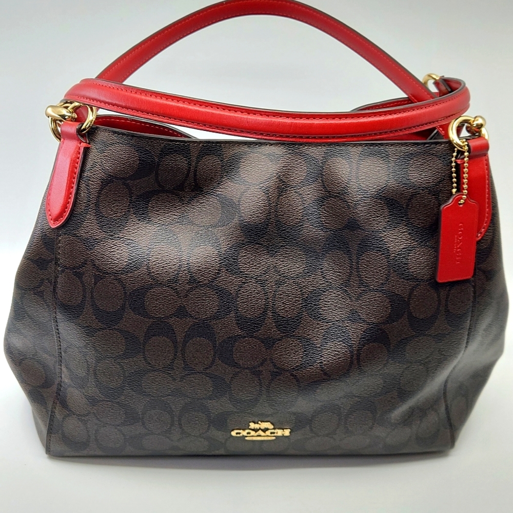 Coach Brown Signature Canvas Shoulder Bag with Red Trim - Picture 11 of 11